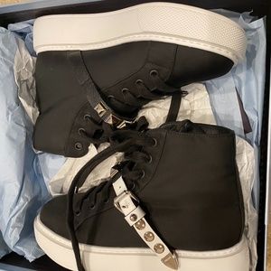 Prada  Black Tessuto Studded Strap High Sneaker